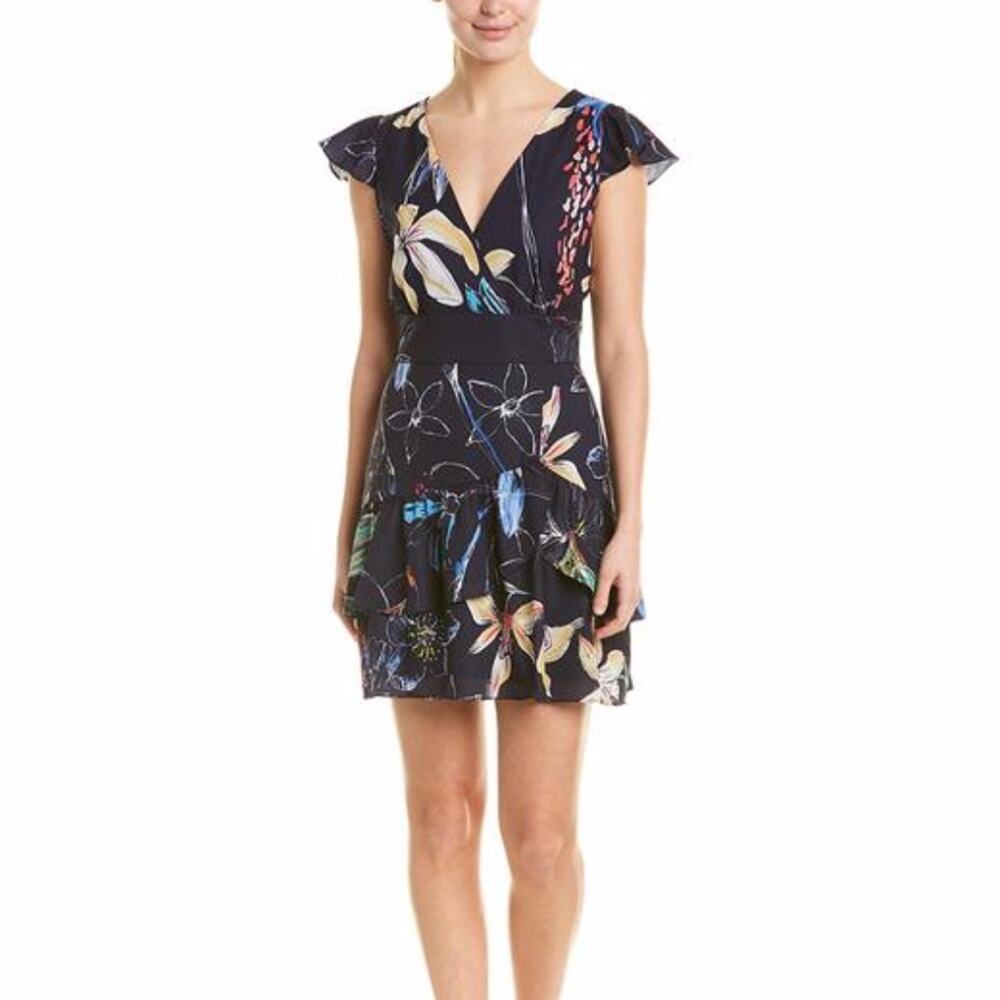 Parker Cosmic Fleur Flutter Short Sleeve Mini Ruffle Dress Navy Multi Small